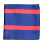 The Navy Red Stripe Pocket Square showcases a refined folded blue design adorned with two parallel red stripes, epitomizing classic elegance.