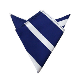 The Navy White Stripe Pocket Square, expertly folded into a triangle, enhances elegance against the crisp white backdrop.