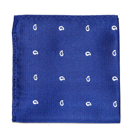 The Navy White Tear Drop Pocket Square, with its sophisticated navy fabric and small white paisley patterns, elegantly enhances any ensemble.