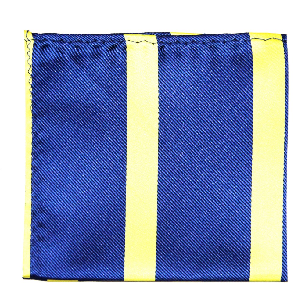 The Navy Yellow Stripe Business Tie & Pocket Square Set showcases an elegant pocket square with blue and yellow stripes in a diagonal weave. It’s perfectly folded against a white background, enhancing any business attire.