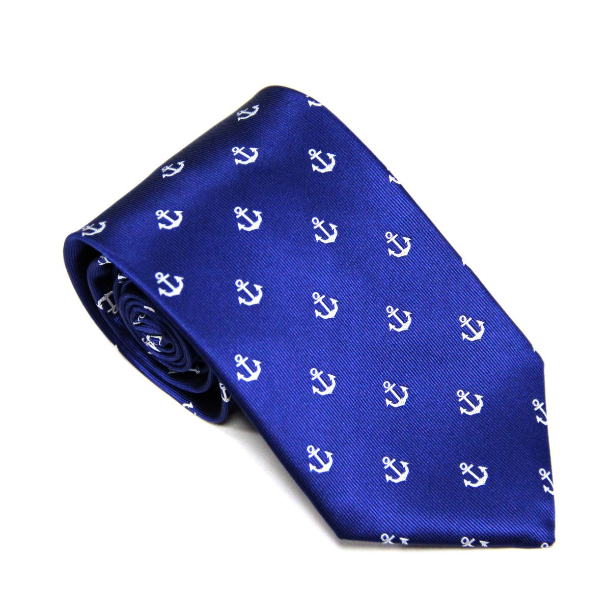 Enhance your formal attire with the Navy Anchor Business Tie & Pocket Square Set, showcasing a rolled-up tie design and a blue background with white anchors for nautical charm.