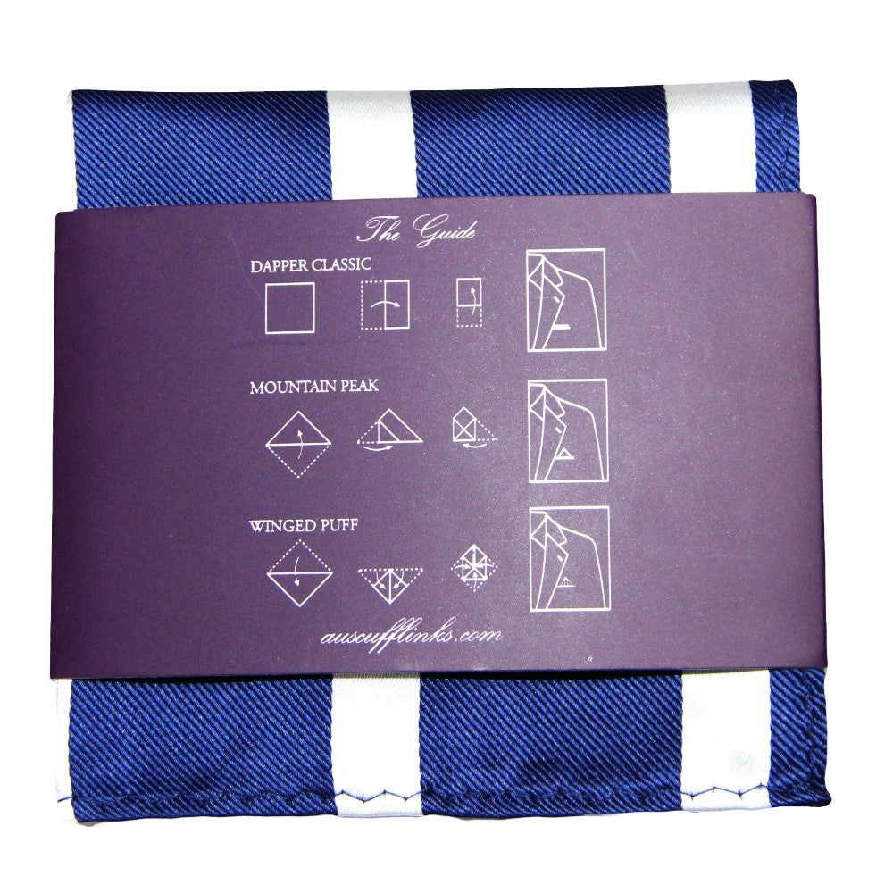 The Navy White Stripe Business Tie & Pocket Square Set includes a pocket square with a guide for three folding styles: Dapper Classic, Mountain Peak, and Winged Puff—ideal for any formal occasion.