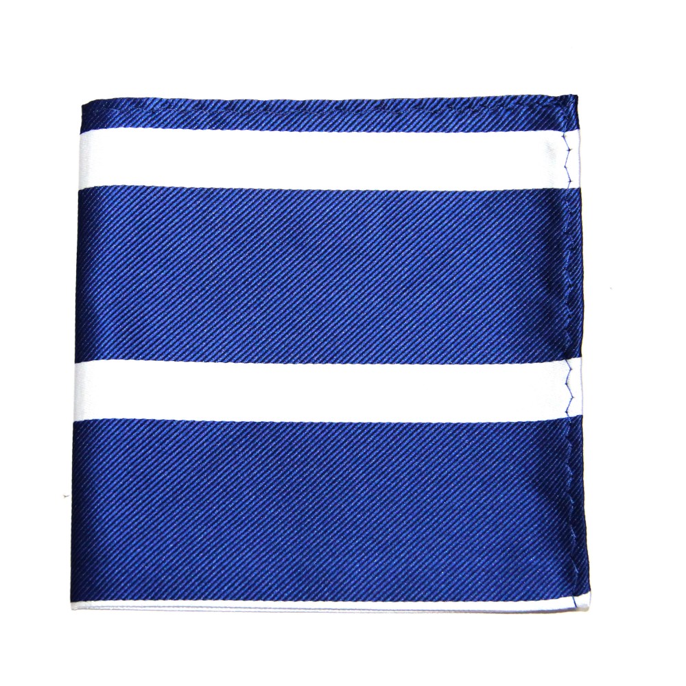 The Navy White Stripe Business Tie & Pocket Square Set includes a folded blue and white striped pocket square with a stitched edge, ideal for formal occasions.