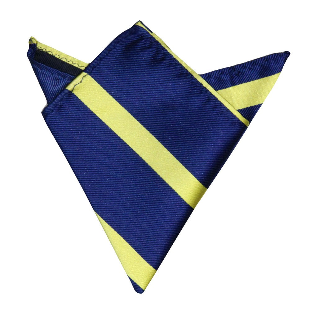 The Navy Yellow Stripe Business Tie & Pocket Square Set features a folded navy blue pocket square with diagonal yellow stripes, perfectly complementing the look.