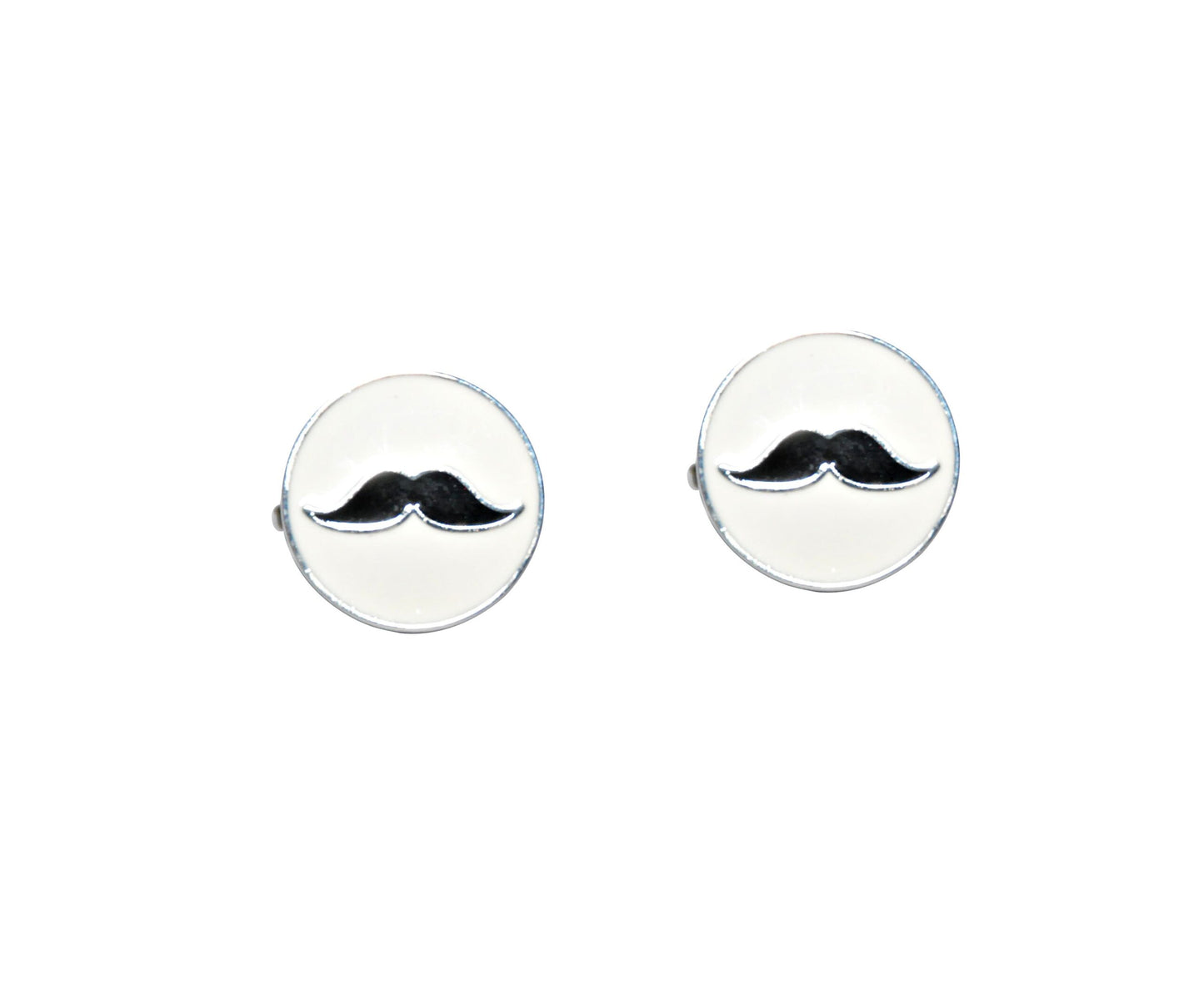 Enhance your formal attire with the Moustache Cufflinks, designed for the modern gentleman. These classic round white cufflinks feature a black mustache design, effortlessly blending whimsy with sophistication.