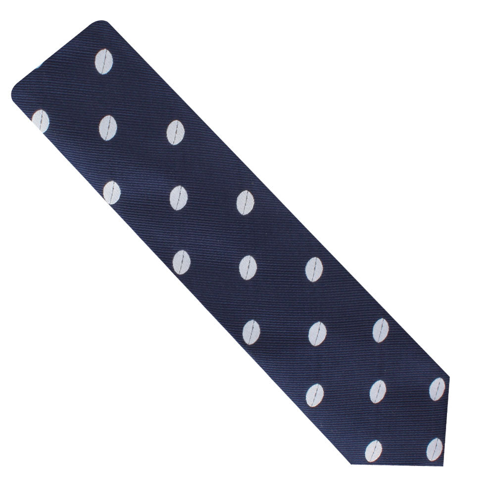 Novelty Rugby Tie with a pattern of white polka dots, displayed on a plain white background, exemplifies rugged athleticism.