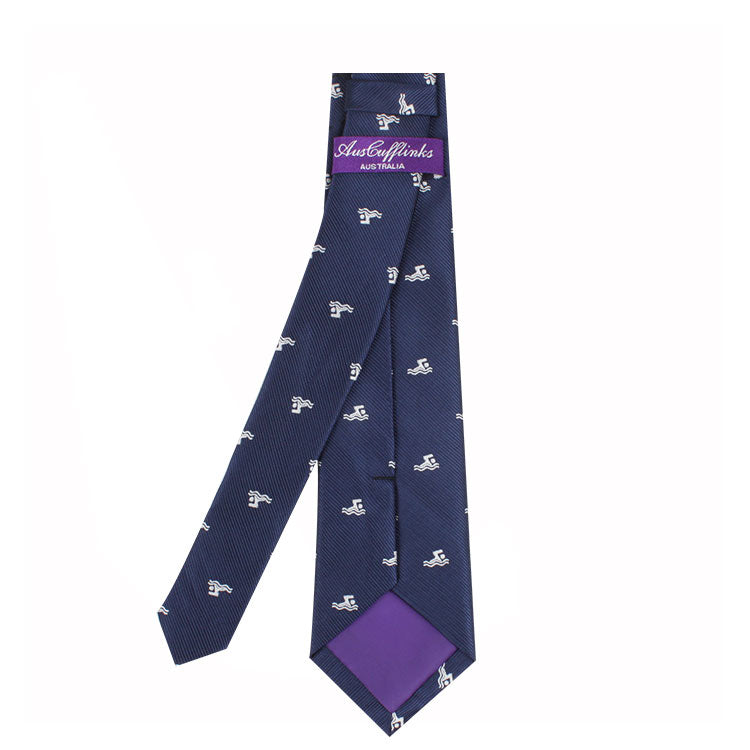 Novelty Swimming Tie featuring aquatic grace patterns on a white background, epitomizing timeless style.