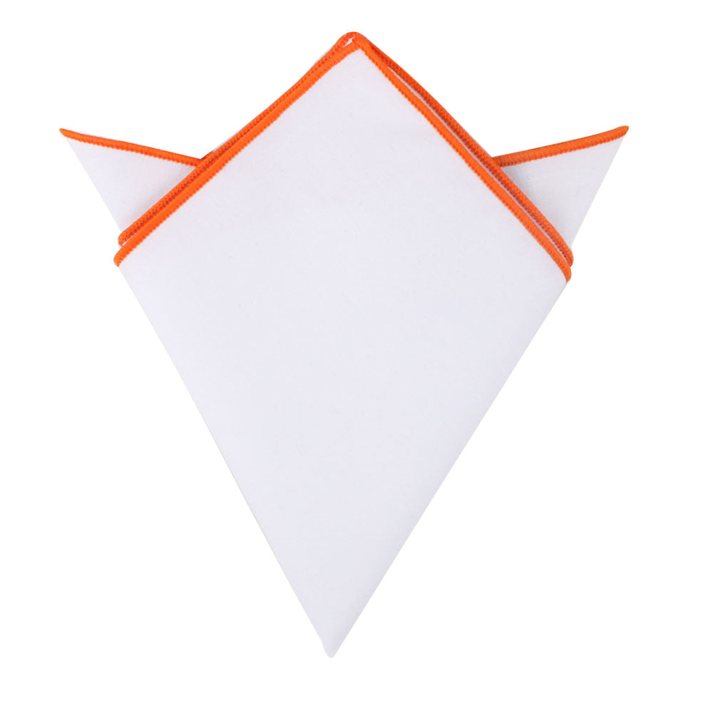 The Orange Edge White Pocket Square, folded into a triangle, cleverly resembles a fox's face with ears, adding a whimsical touch to formal occasions.