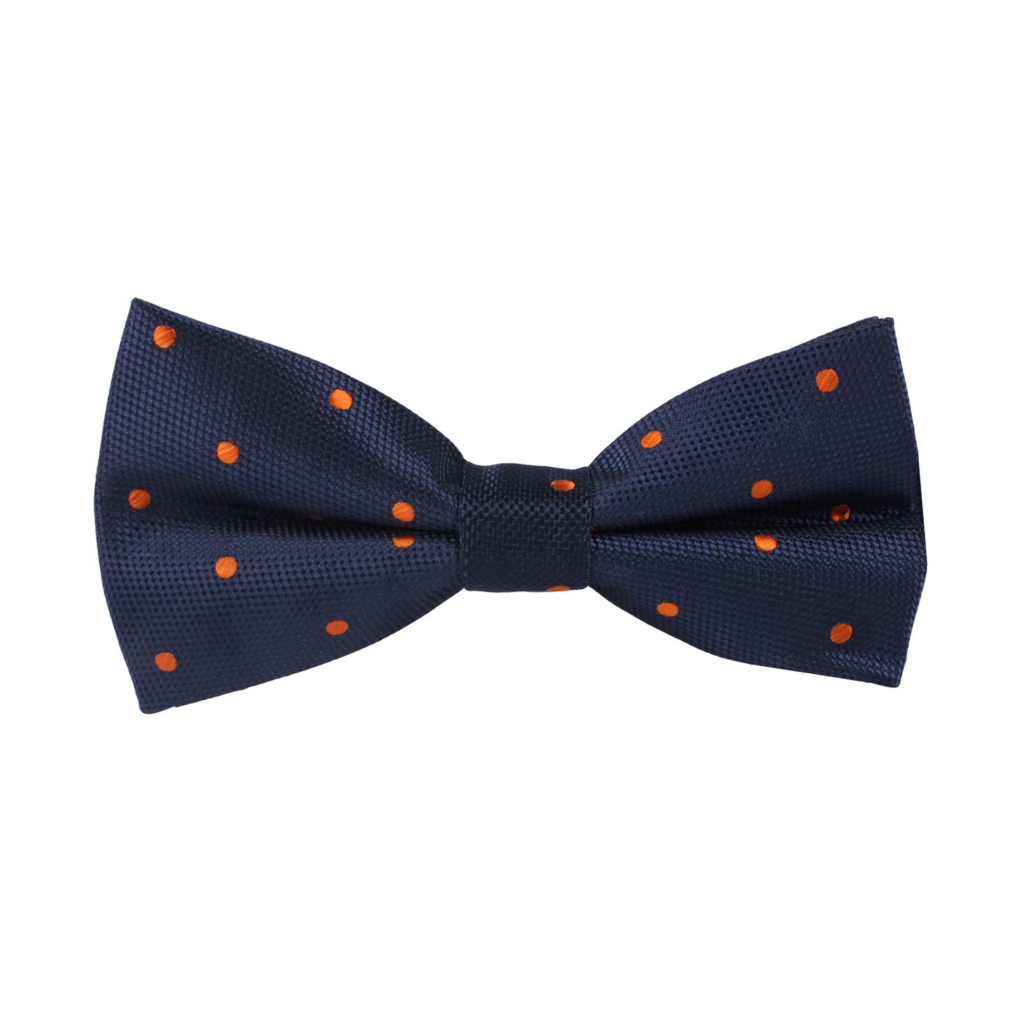 Ideal for formal events or weddings, the Orange Polka Dot Bow Tie is a navy blue accessory featuring vibrant orange polka dots, offering playful elegance against a plain white background.