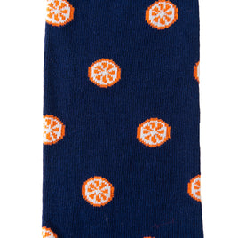 Orange socks with white and orange patterned design, offering heel to toe citrusy comfort.
