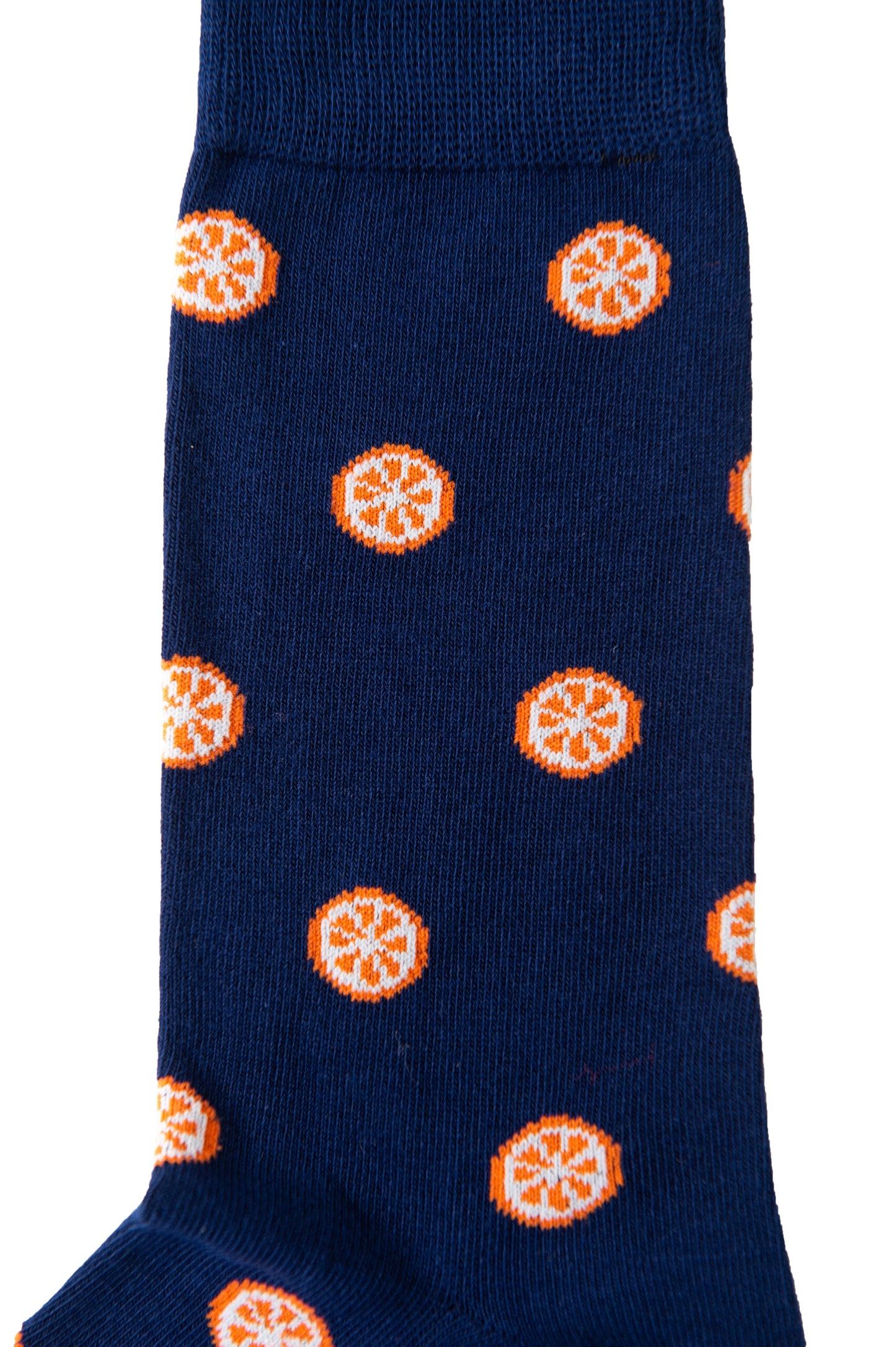 Orange socks with white and orange patterned design, offering heel to toe citrusy comfort.