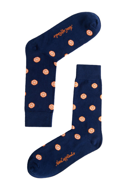 A pair of dark blue Orange Socks with orange circular patterns and citrusy comfort text accents isolated on a white background, designed for heel to toe coverage.
