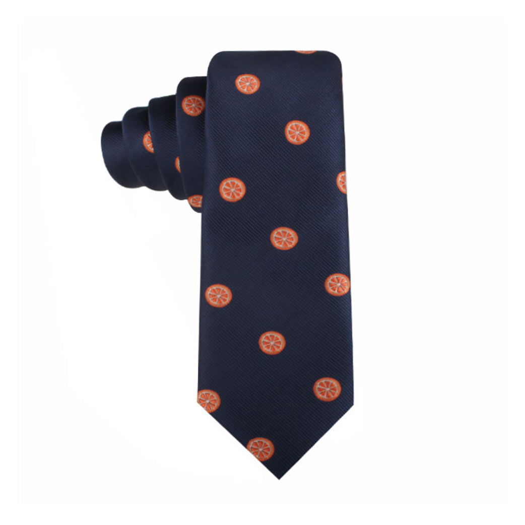 An Orange Thin Tie featuring a burst of orange slice patterns in evenly spaced intervals.