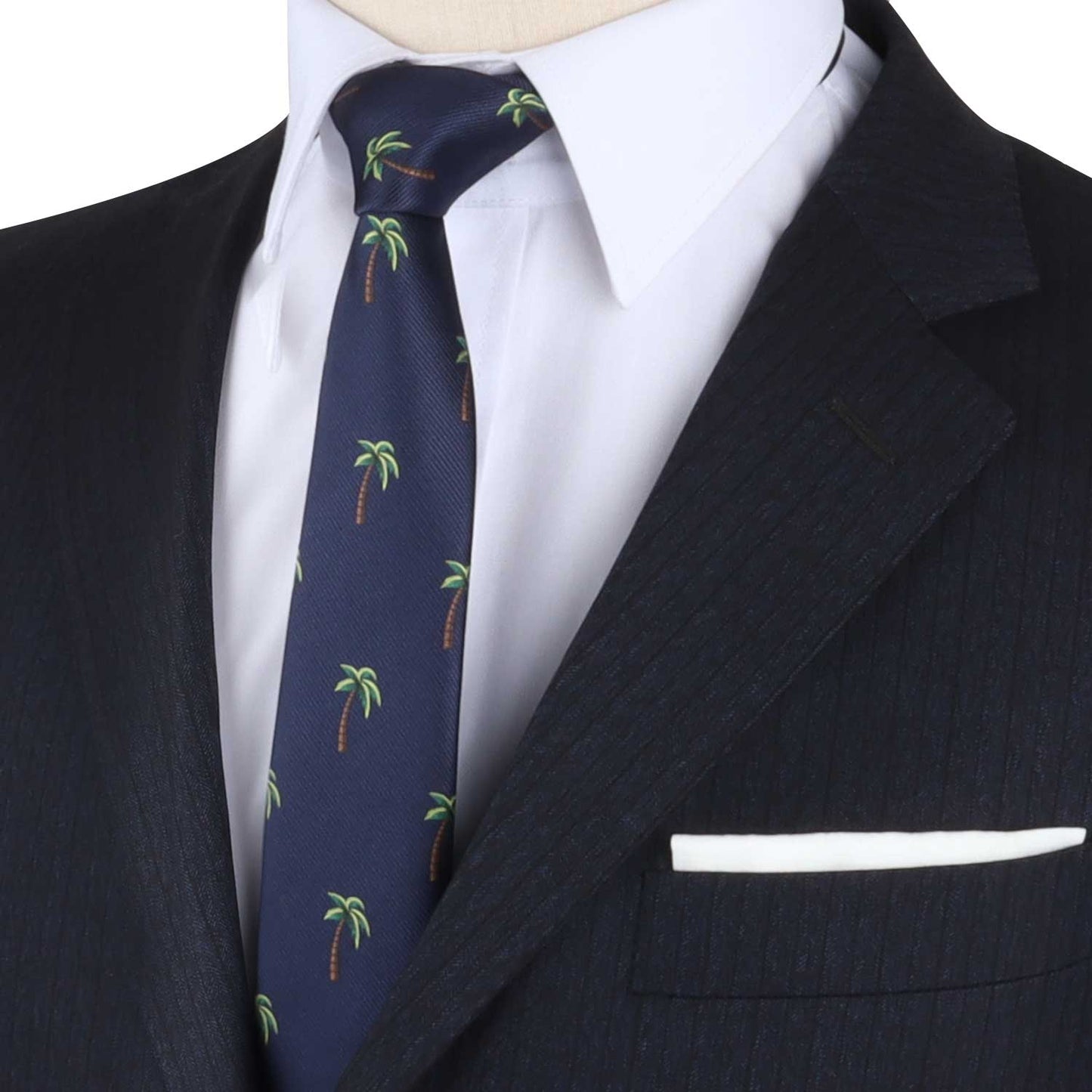 A person wearing a dark suit, white dress shirt, and the Palm Tree Necktie exudes tropical allure.