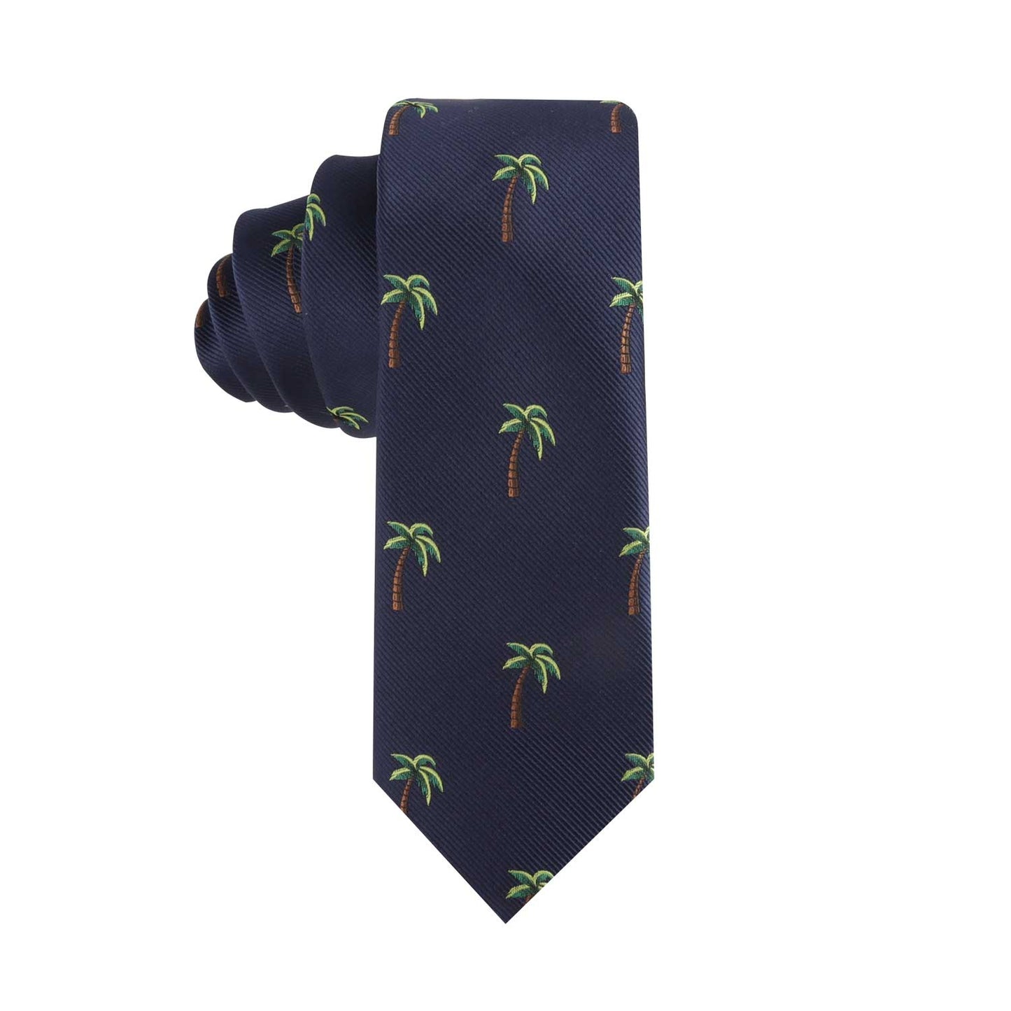 The Palm Tree Slim Tie features a deep navy blue backdrop adorned with a pattern of small green and brown palm trees, evoking a sense of tropical allure.