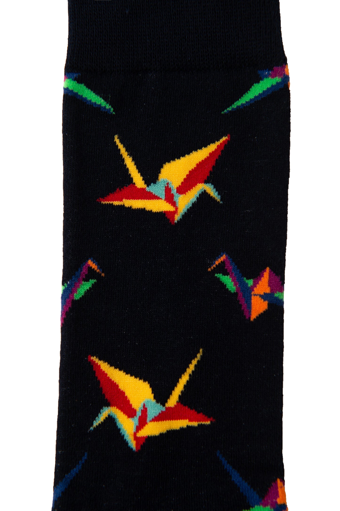 The Origami Socks are black and present a vibrant pattern of origami cranes in red, yellow, green, and blue, displaying intricate craftsmanship in every detail.