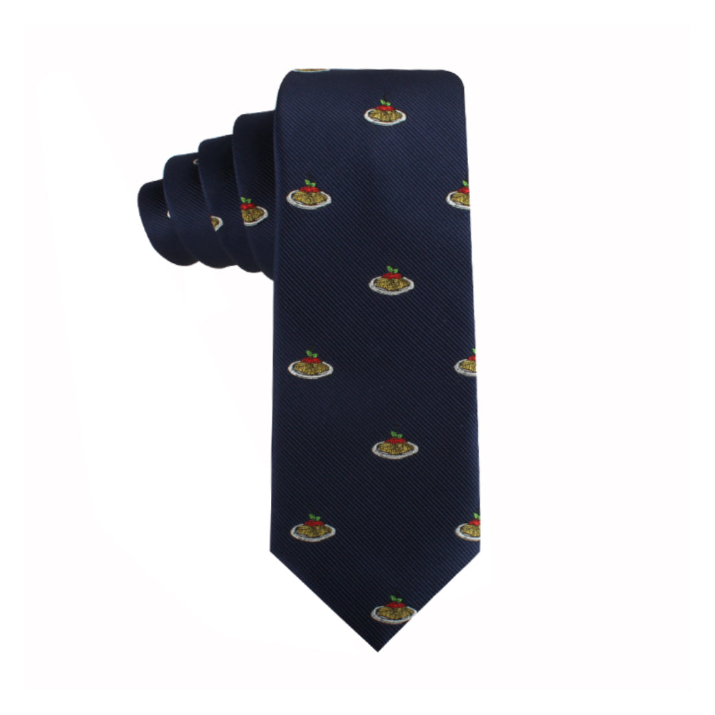 The Pasta Necktie showcases an Italian flair and modern style with its dark blue hue and small, colorful embroidered round insignias throughout.