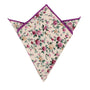 The Pastel Pink Rose Floral Pocket Square is elegantly crafted with pastel pink, yellow, and green flowers on a cream background. Neatly folded, its purple-trimmed edges add a touch of spring sophistication to any ensemble.
