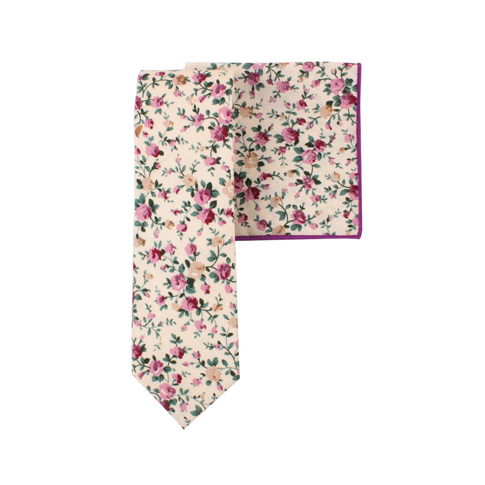 Pastel Pink Rose Floral Cotton Skinny Tie and Pocket Square Set