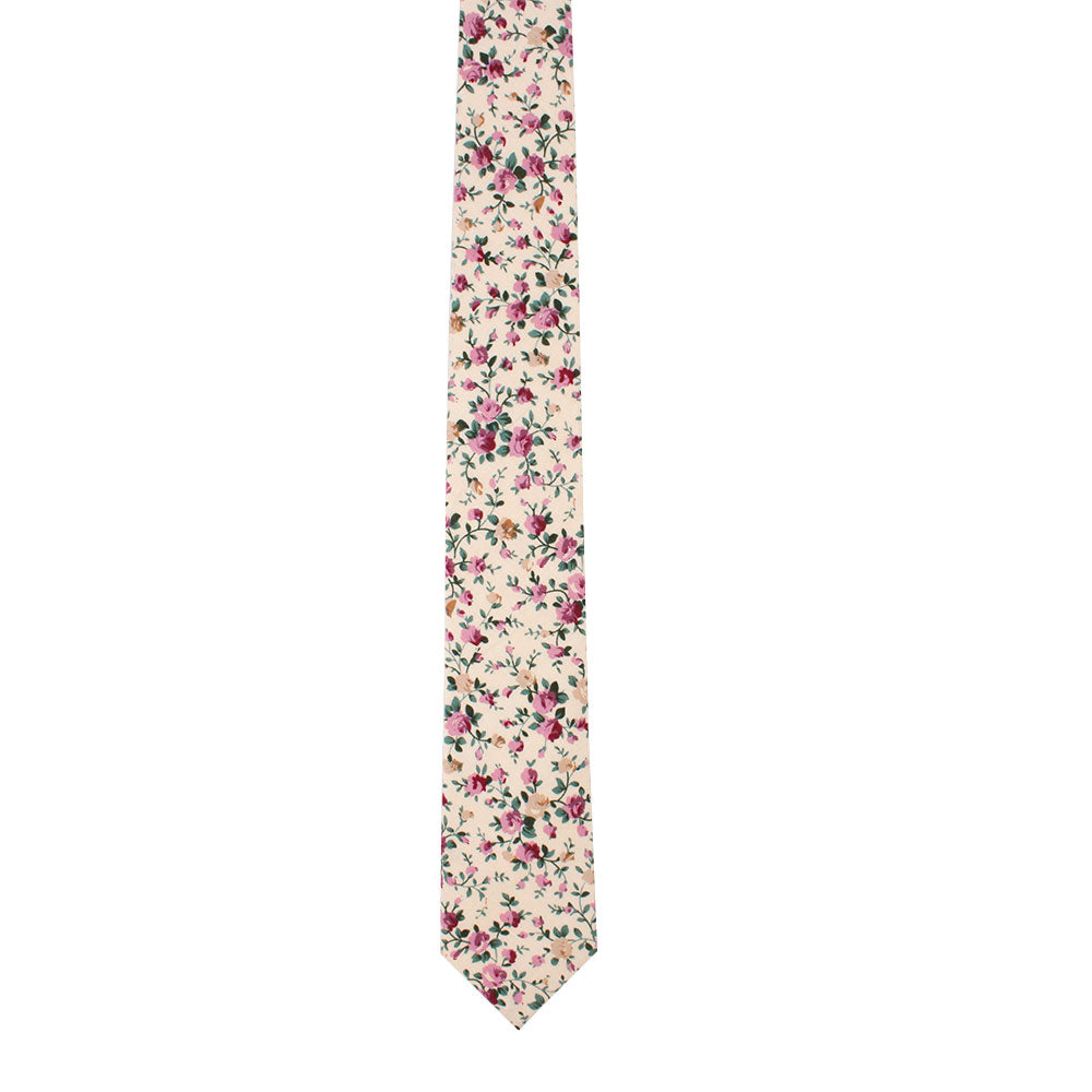 The Pastel Pink Rose Floral Cotton Skinny Tie and Pocket Square Set features a beige necktie adorned with vibrant pink, red, green, and yellow flowers in full bloom.