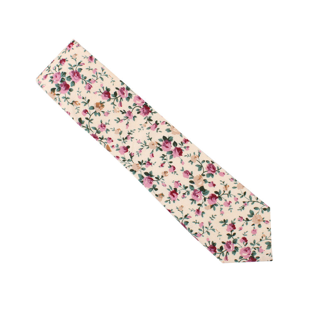 Pastel Pink Rose Floral Cotton Skinny Tie and Pocket Square Set featuring small, multicolored blooms on a cream background, photographed against a white backdrop.