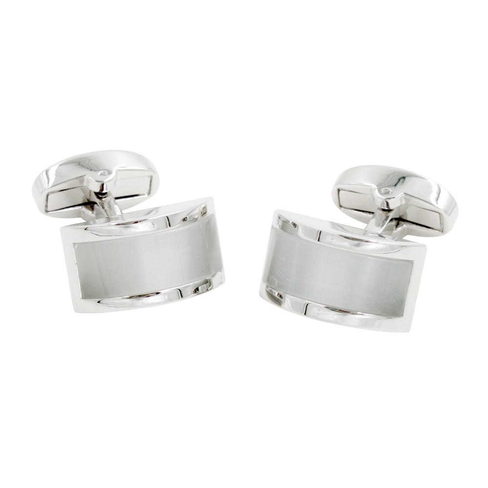 A pair of sleek, rectangular Pearl White Cufflinks with a brushed metal finish on the front, embodying the lustrous charm of a classic man.
