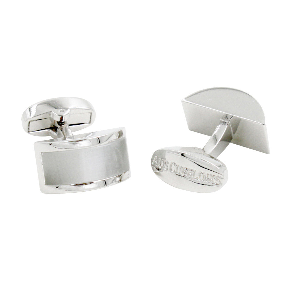 A pair of Pearl White Cufflinks with a lustrous charm, one featuring an oval face and the other a rectangular face with engraved text, perfect for the classic man.