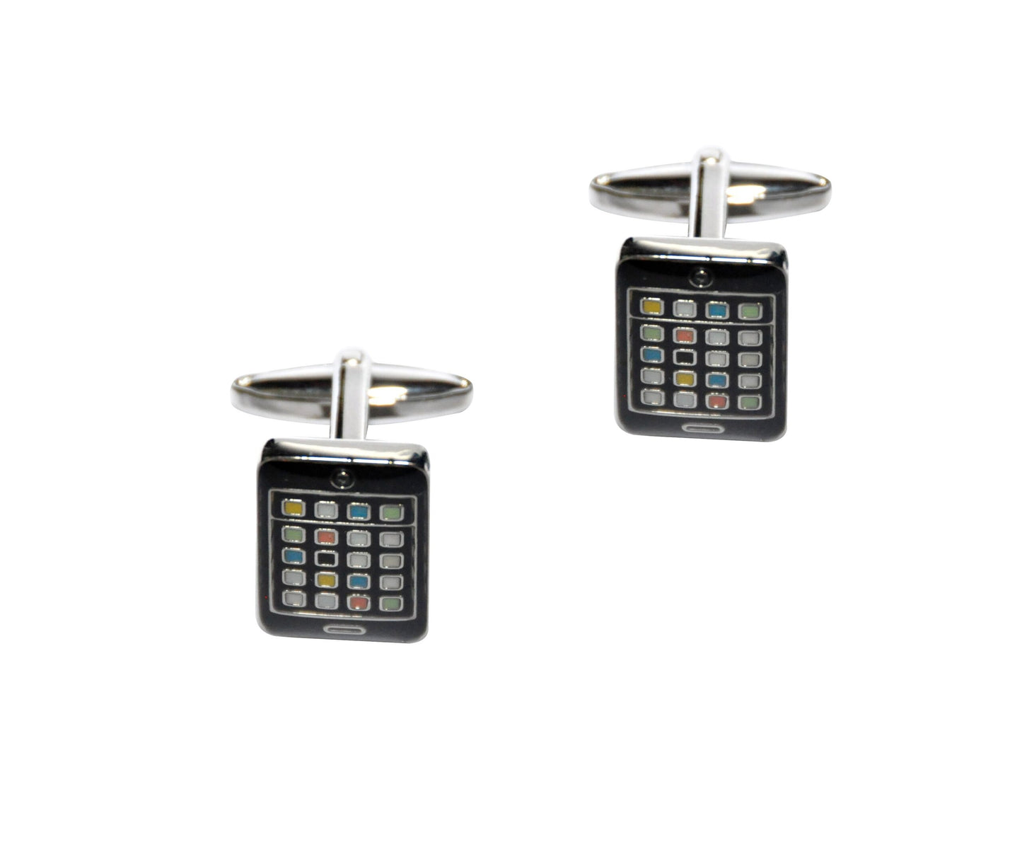 Mobile Cufflinks are luxurious, taking cues from smartphone design with a grid-like app display, featuring a sleek black face and silver-tone fastening.