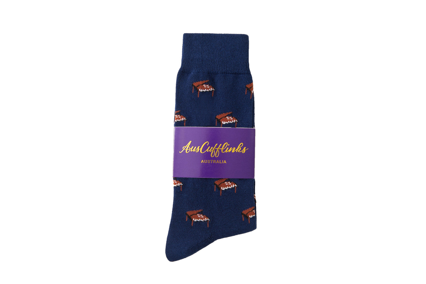 Navy blue Piano Socks featuring brown grand pianos, ideal musician gifts, packaged with a purple "AustCufflinks Australia" band.