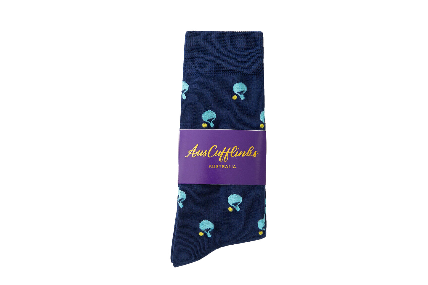 Table Tennis Socks in navy blue, showcasing blue paddle and yellow ball prints, wrapped in a purple "AussieCuffLinks AUSTRALIA" label. Made from breathable fabric for all-day comfort.