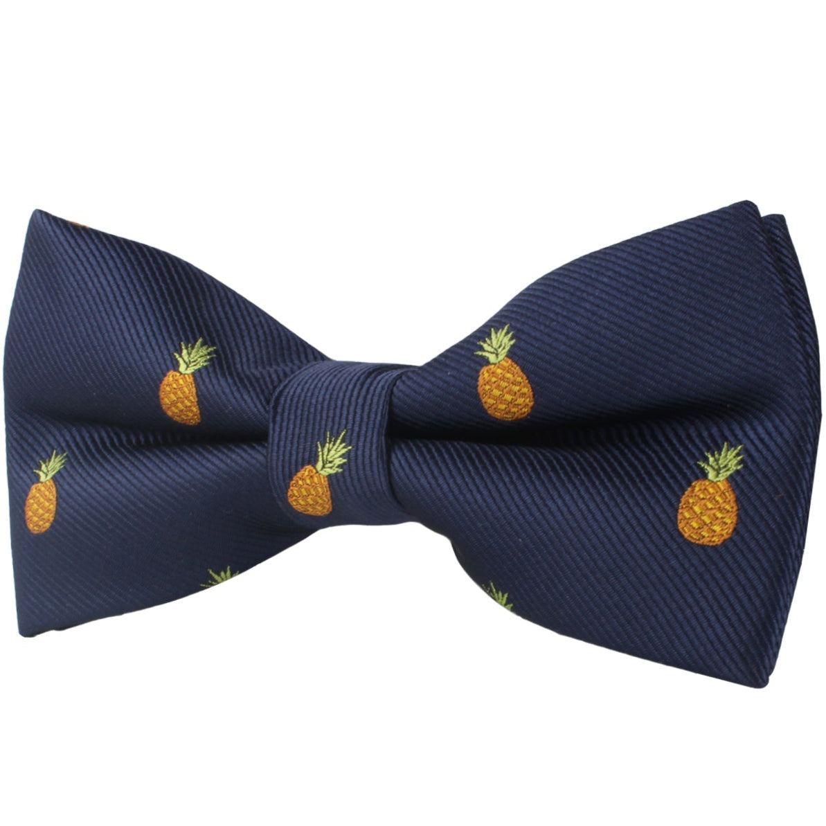A dark blue Pineapple Bow Tie with a pattern of small embroidered pineapples, adding a touch of tropical elegance.