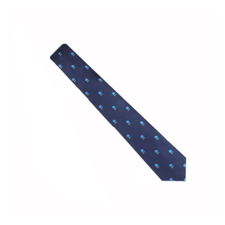 A Ping Pong Skinny Tie with a pattern of small blue and yellow flowers on a white background, exuding refined charm.