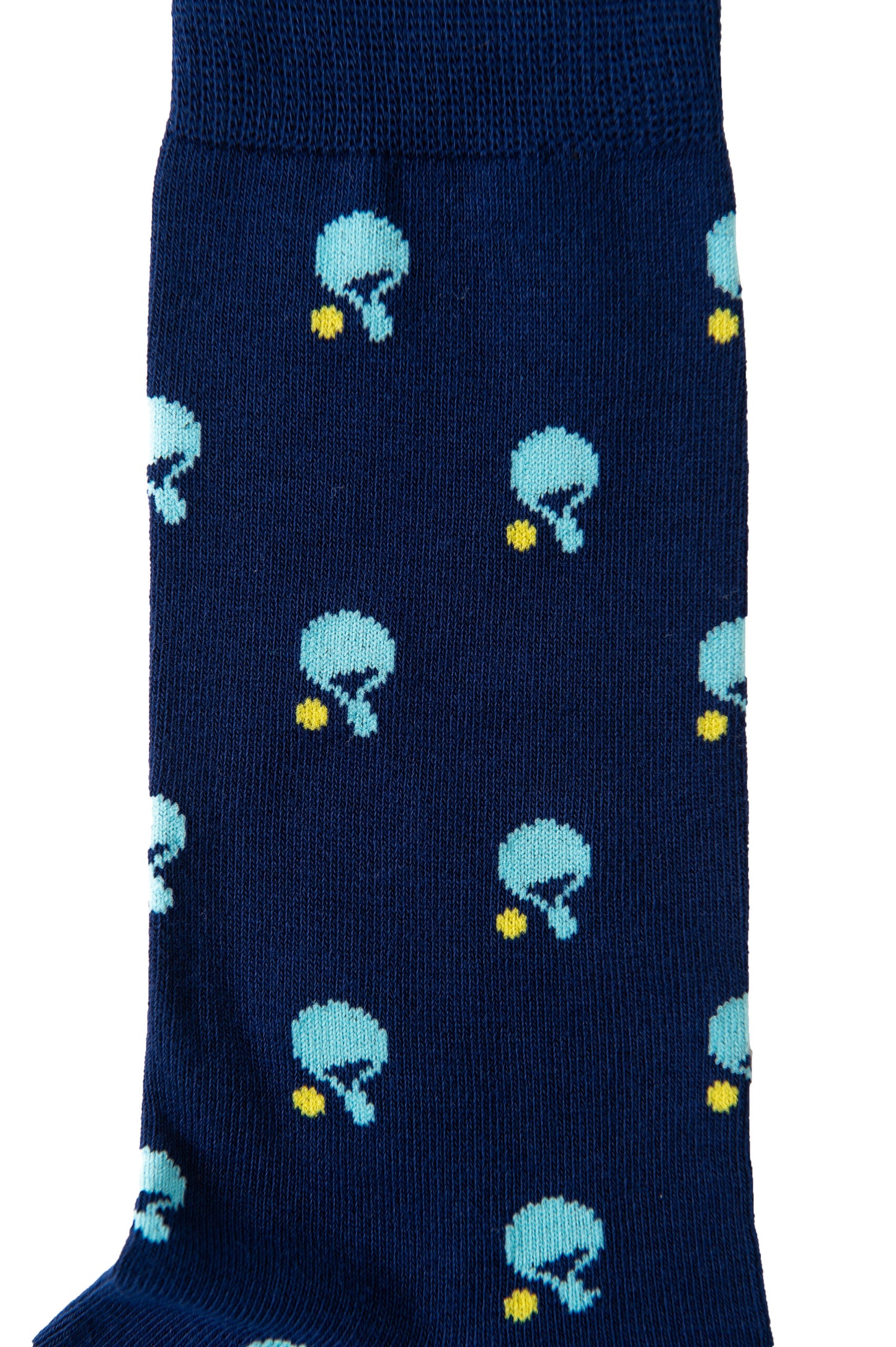 Table Tennis Socks in navy blue with a fun racket print, light blue paddles, and yellow balls, made from breathable fabric for all-day comfort.