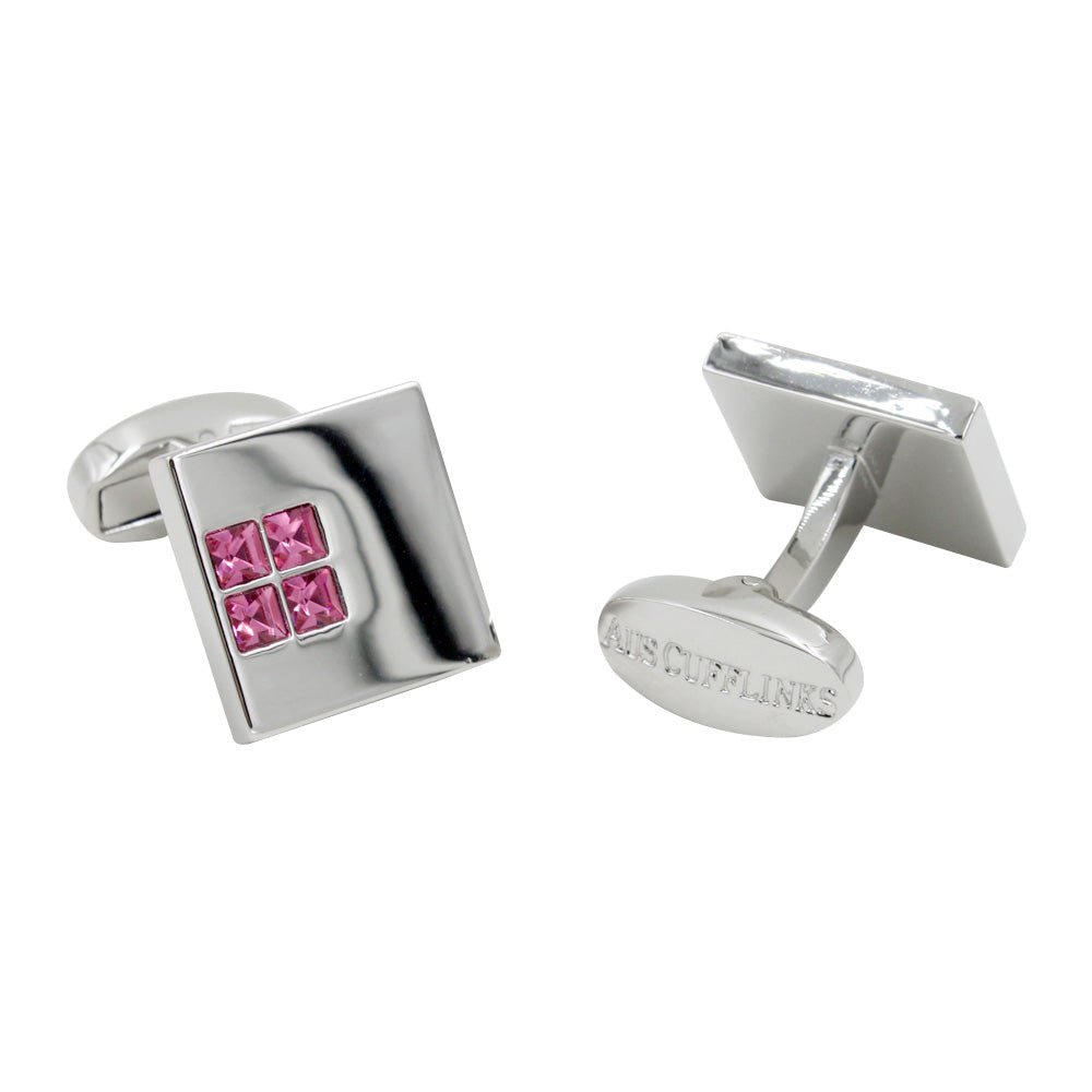 Experience the luxury of AusCufflinks with the Pink Diamonte Cufflinks, featuring four pink Diamonte stones set in a chic square pattern. Perfect for making a refined statement on any occasion.