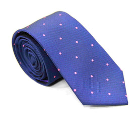 A playful pink polka dot navy skinny tie on a white background exudes timeless charm.