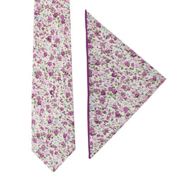 The Pink Roses Floral Cotton Skinny Tie and Pocket Square Set exudes perennial charm with its purple and pink flower design, featuring blush blooms on a white background.