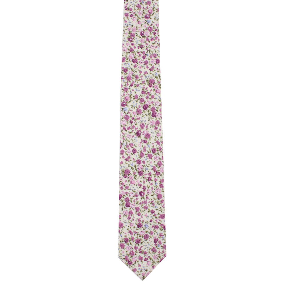 A Pink Roses Floral Cotton Skinny Tie and Pocket Square Set adorned with blush blooms on a white background exudes timeless charm.