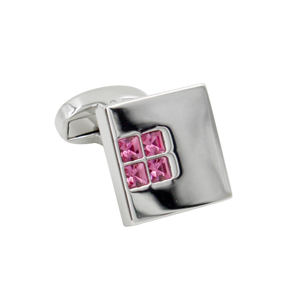 Experience luxury with our Pink Diamonte Cufflinks by AusCufflinks, featuring a silver design and a square face adorned with four small pink gemstones in a 2x2 arrangement.