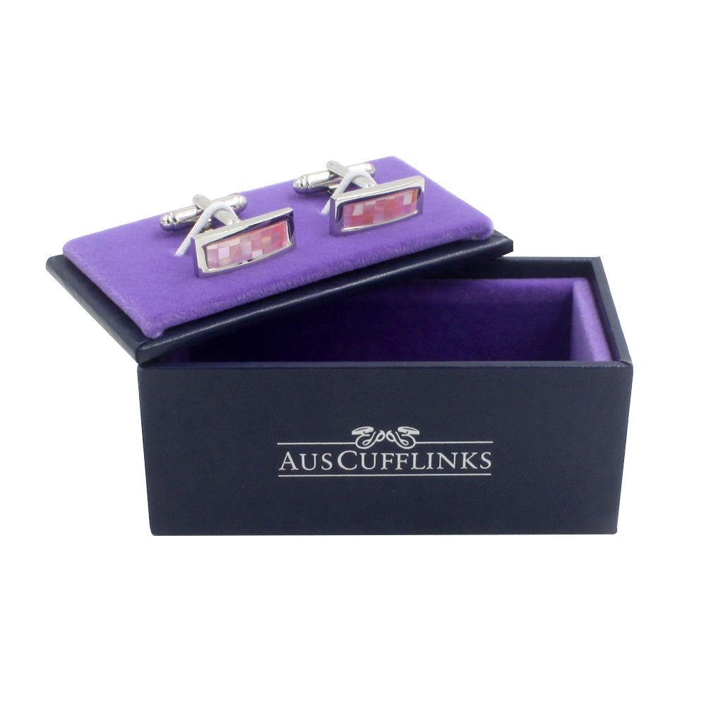 The Pink Shell Stone Cufflinks, presented in a purple-lined "AUSCufflinks" box, are perfect for weddings and formal events, adding elegance to any outfit.