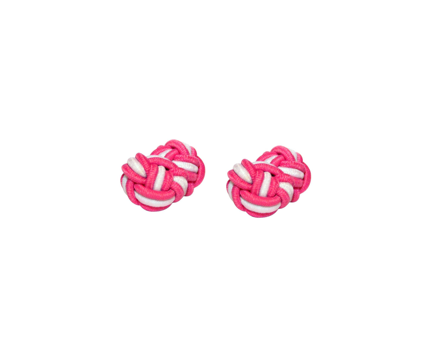 The Pink & White Sphere Cufflinks are elegantly showcased on a white backdrop, perfect for enhancing formal wear with sophistication. Ideal as a gift, they effortlessly elevate your style.