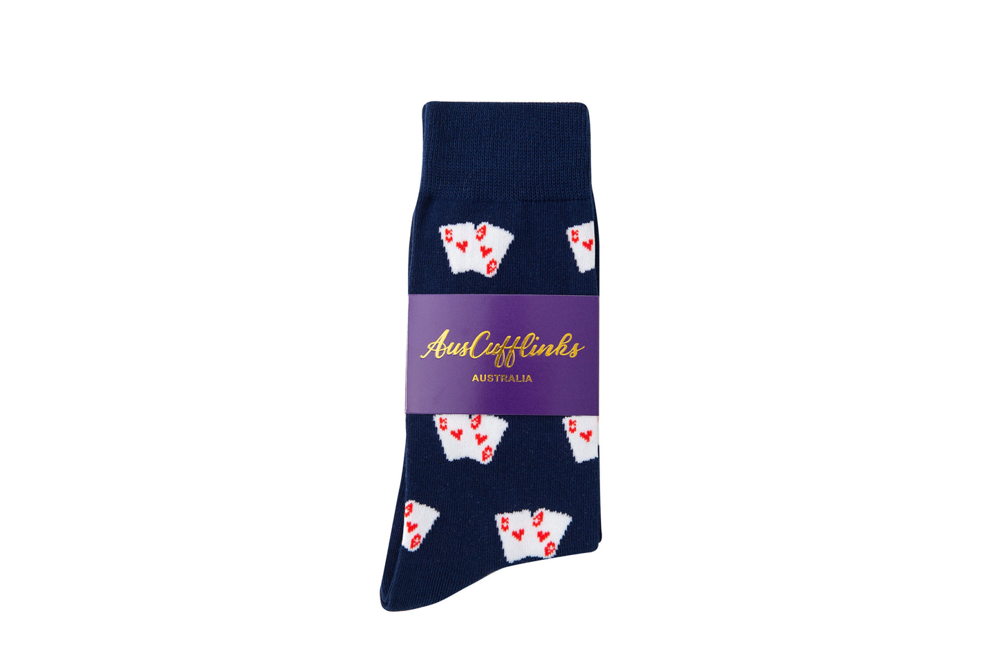 Poker Socks: Navy blue with playing card print, packaged with a purple AusCufflinks Australia label—an ideal gift for poker enthusiasts.
