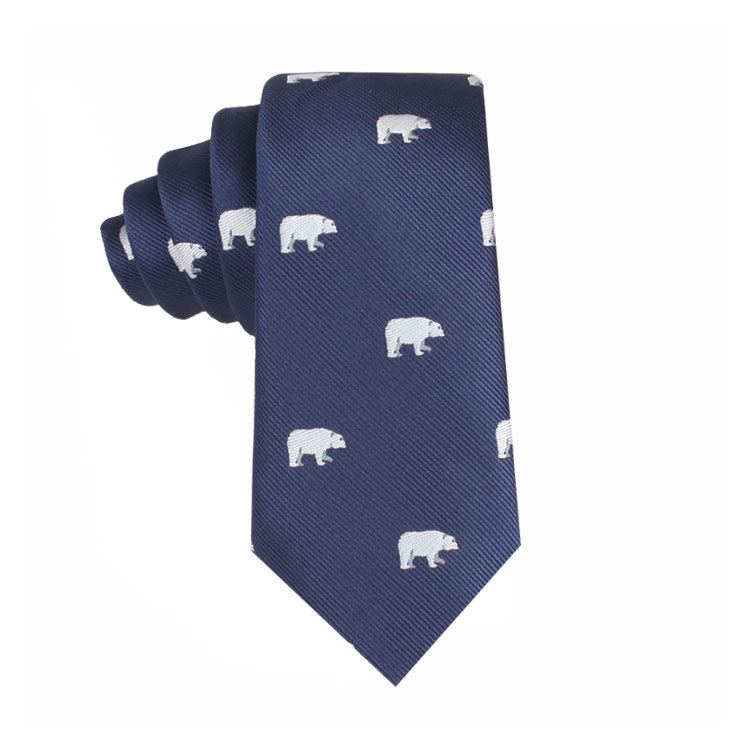 A Polar Bear Thin Tie featuring a repeating pattern of small white bear silhouettes, embodying Arctic elegance.