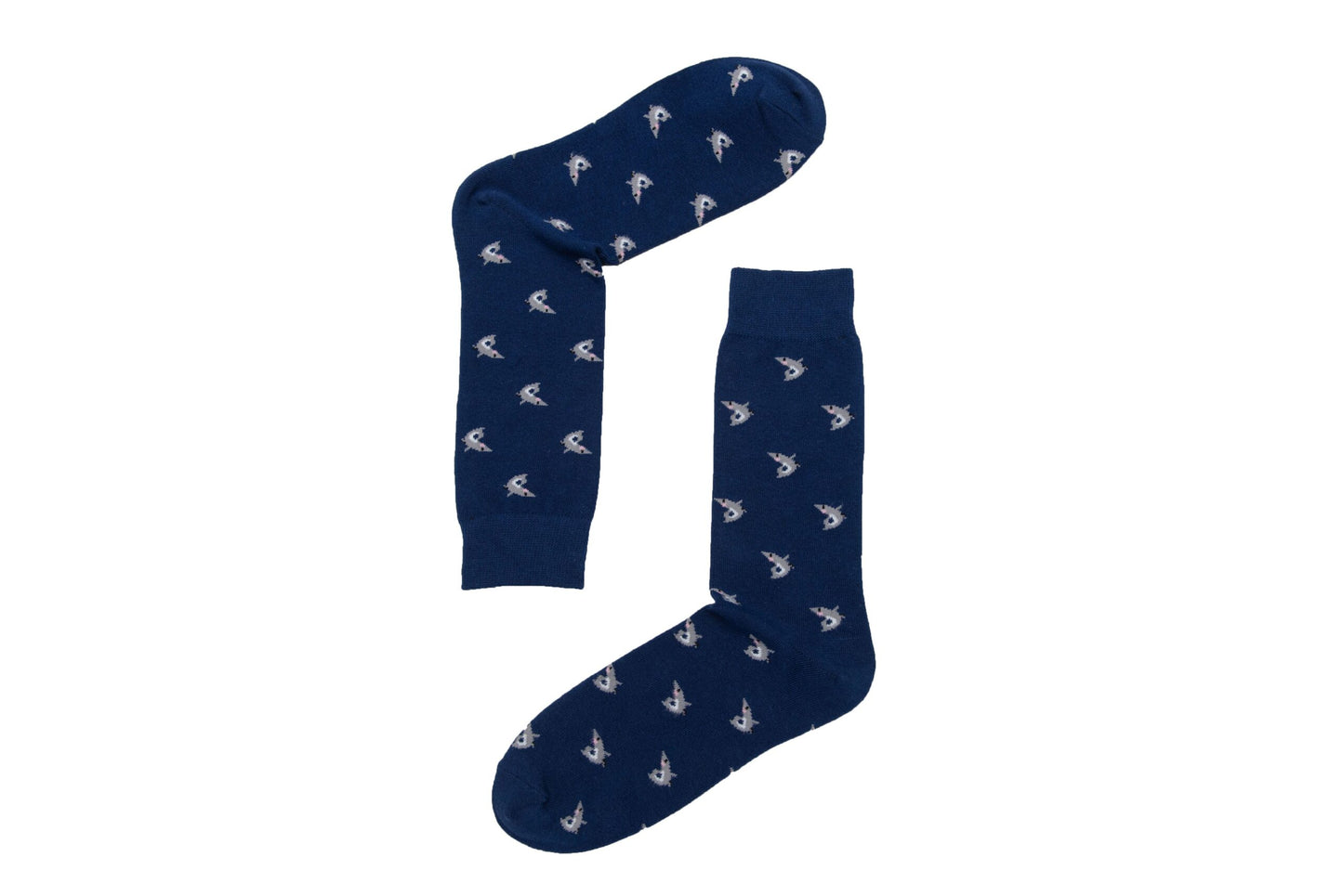 A pair of Shark Socks featuring a deep-sea blue hue and a repeated white pattern of various ballet dancer poses, perfect for adding a touch of graceful style to any outfit.