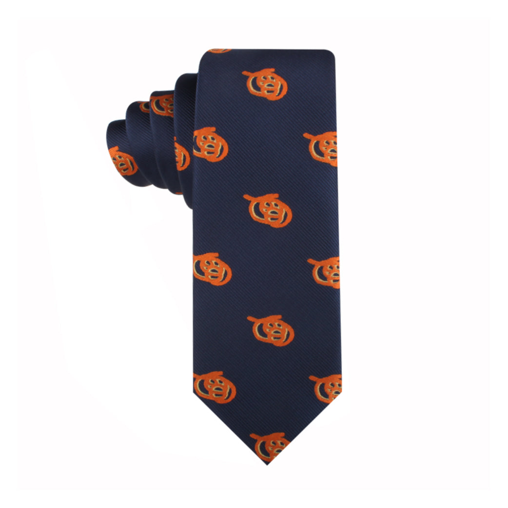 The Pretzel Thin Tie features a charismatic dark blue background, adorned with repeating orange tiger head logos.