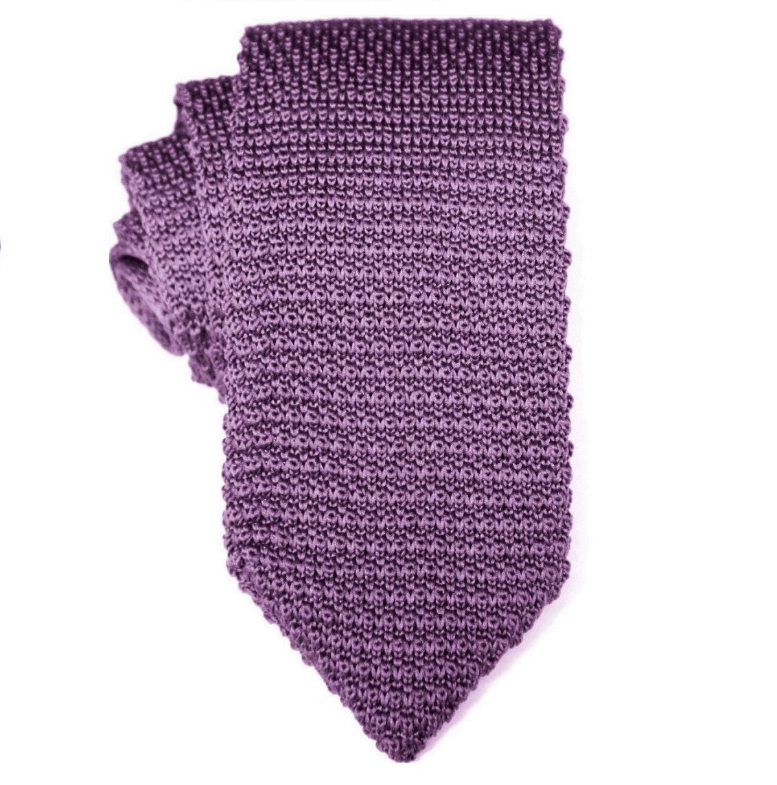 A rolled-up Classic Purple Knit Tie with modern flair on a white background.