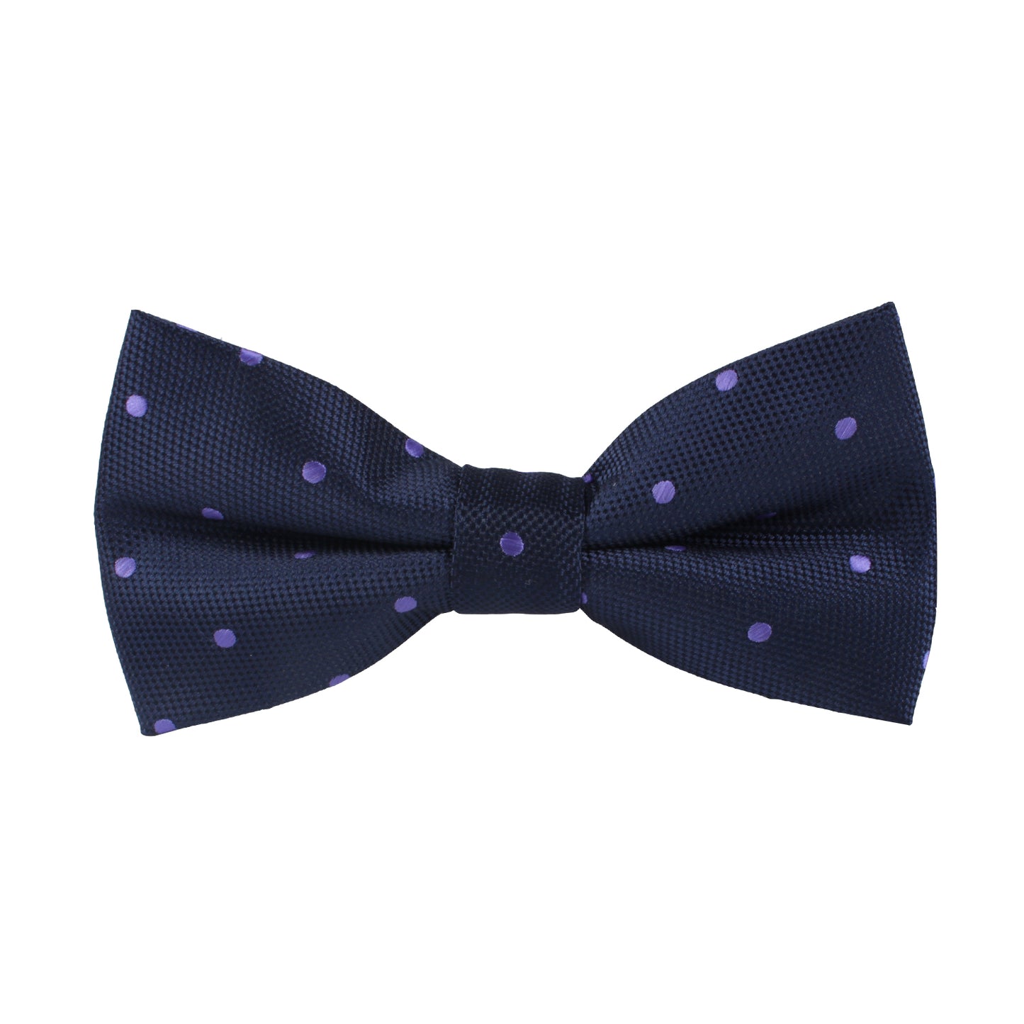 The Purple Polka Dot Bow Tie, tied elegantly on a white backdrop, is ideal for weddings and formal events. Its deep purple hue brings sophistication to any occasion.