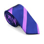 The Navy Purple Stripe Skinny Tie features diagonal purple and blue stripes on a white background, making it a perfect men's formal accessory.