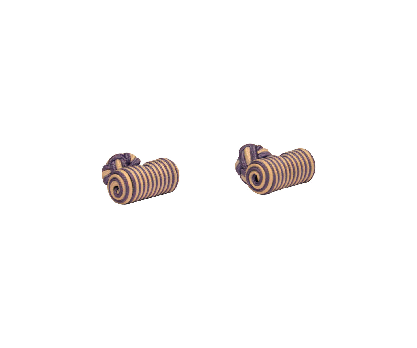 Two small statement objects with purple and beige stripes rest on a white background. These Purple & White Barrel Cufflinks by AusCufflinks bring sophistication to any outfit.