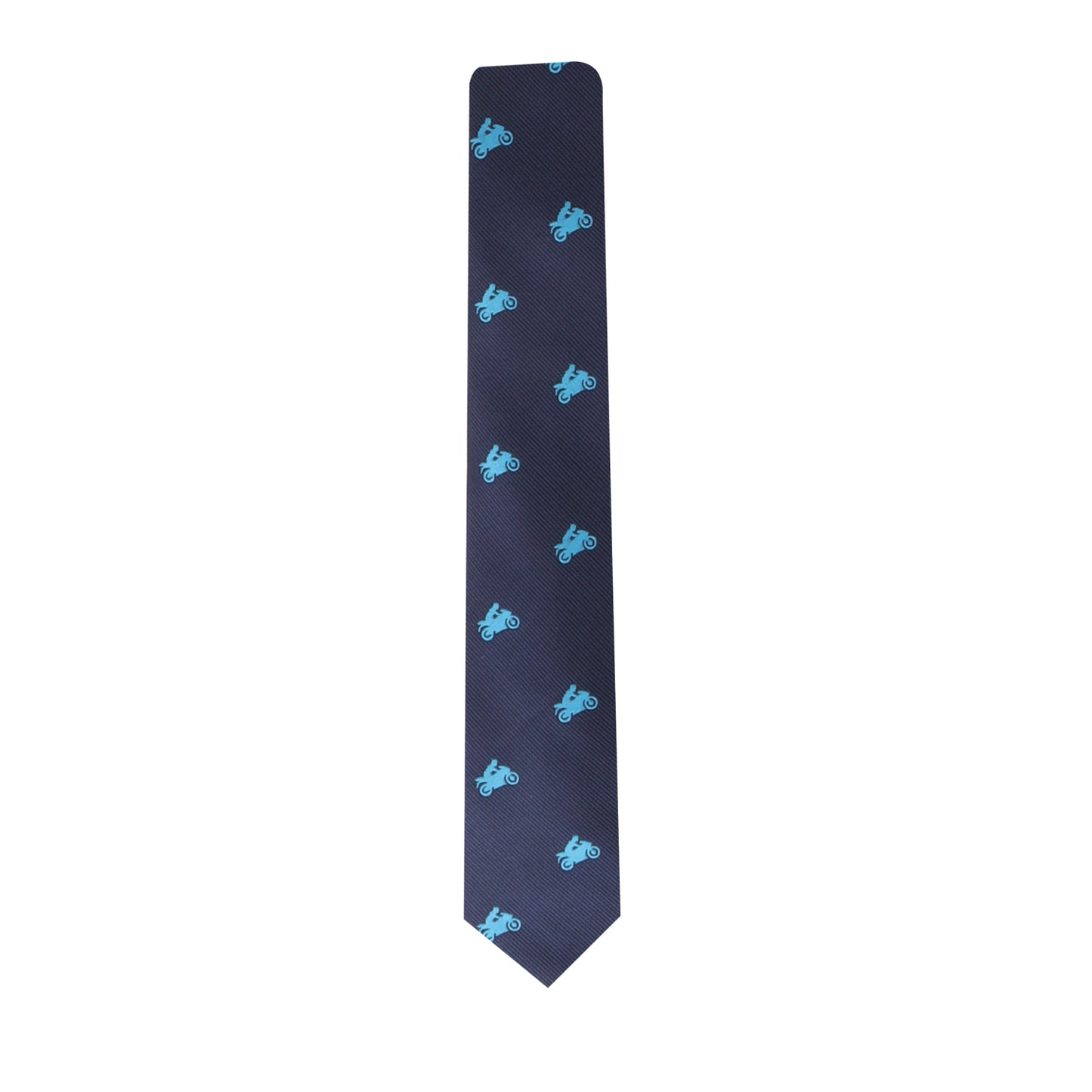 A Racing Bike TIe with light blue motorcycle patterns evenly spaced throughout, exuding a sense of ride-inspired boldness.