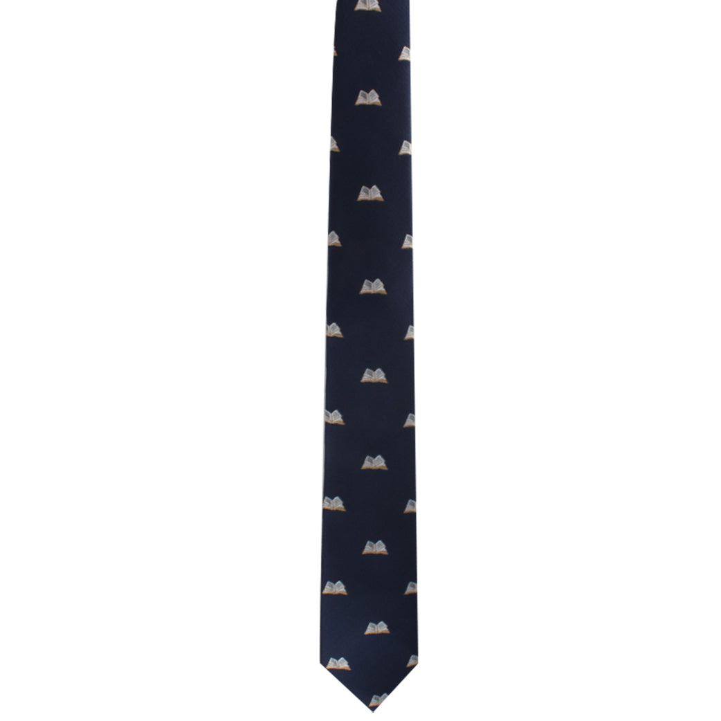 A Reader Skinny Tie with an image of a cat on it, perfect for those with a literary passion for refined fashion.